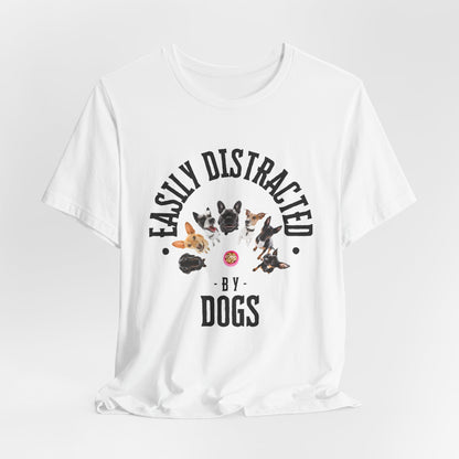 Easily Distracted by Dogs T-Shirt — Red — print close-up — SniffWaggleNWalk™