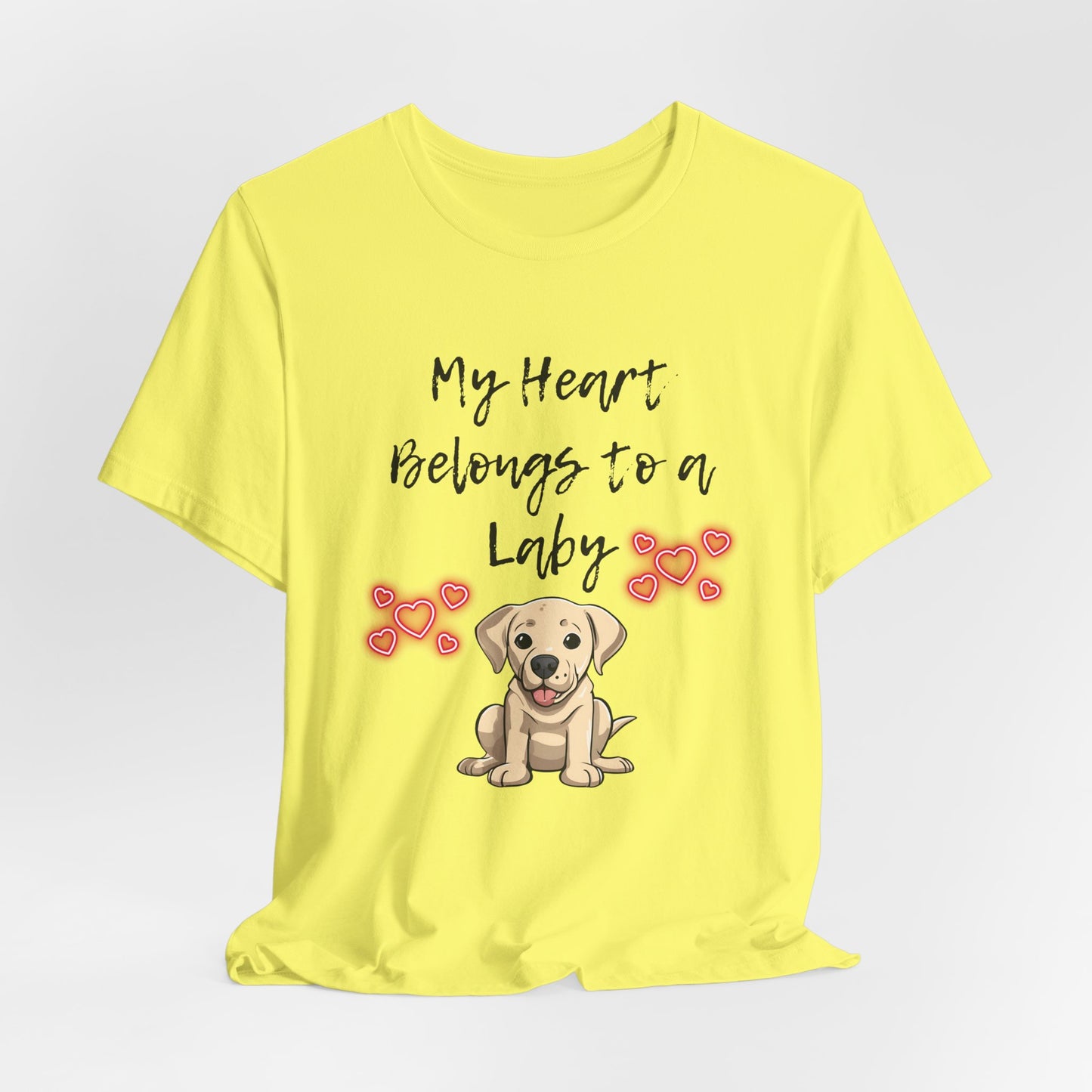 My Heart Belongs to a Laby Labrador t-shirt in Yellow, hanging front view
