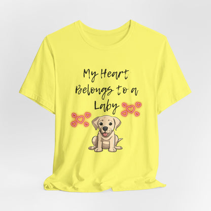 My Heart Belongs to a Laby Labrador t-shirt in Yellow, hanging front view