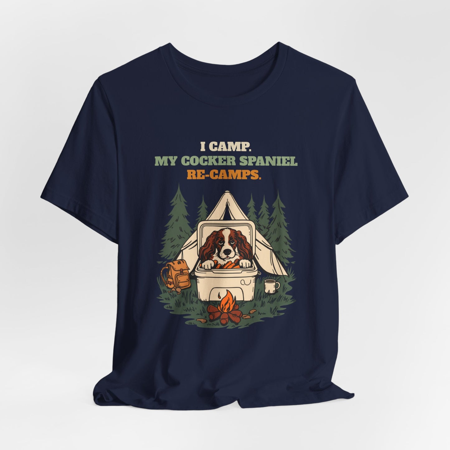 Cocker Spaniel camping tee worn with dog on leash