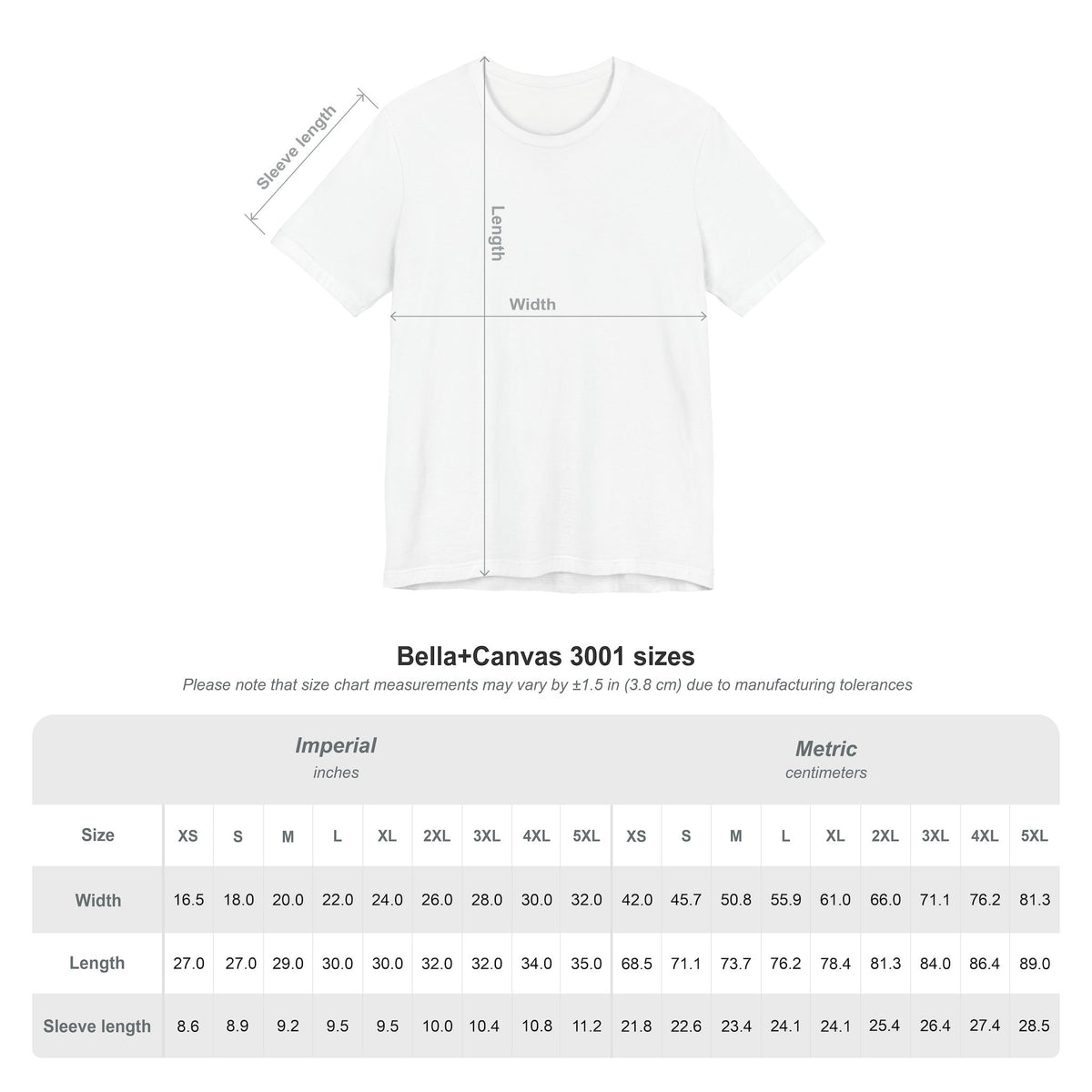Bella+Canvas 3001 t-shirt size chart in inches for personalized dog photo tee