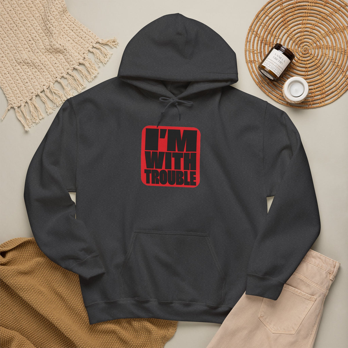 I'm With Trouble Hoodie — bold red graphic on cosy unisex pullover, product photo