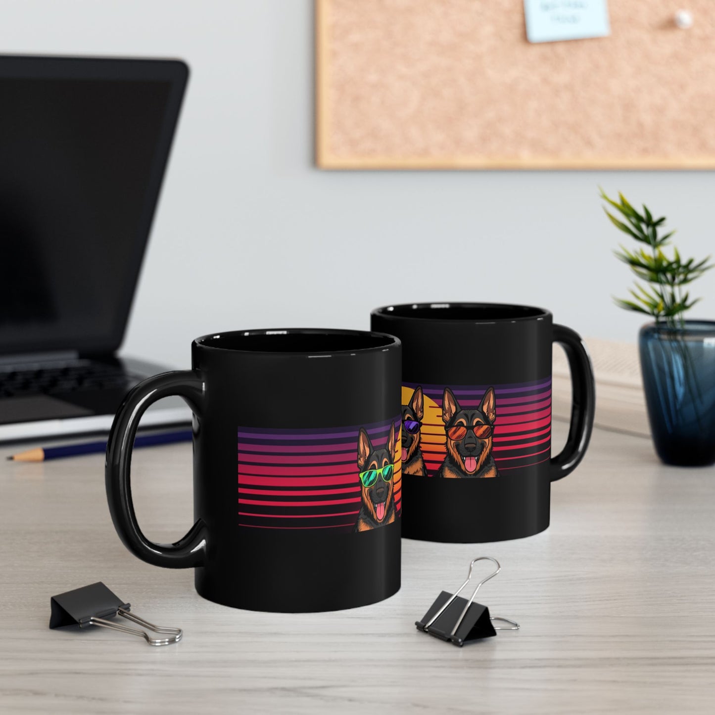Retro German Shepherd Black Coffee Mug — Sunglasses Dog Trio