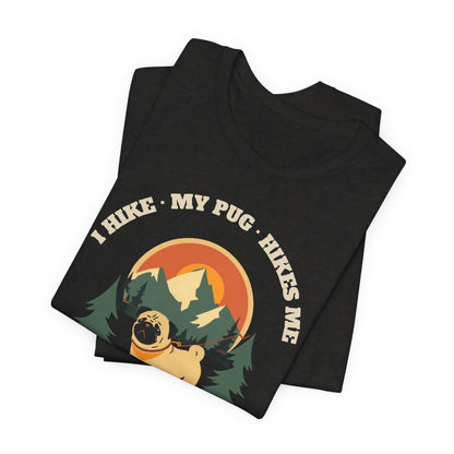 Black heather funny pug hiking t-shirt detail