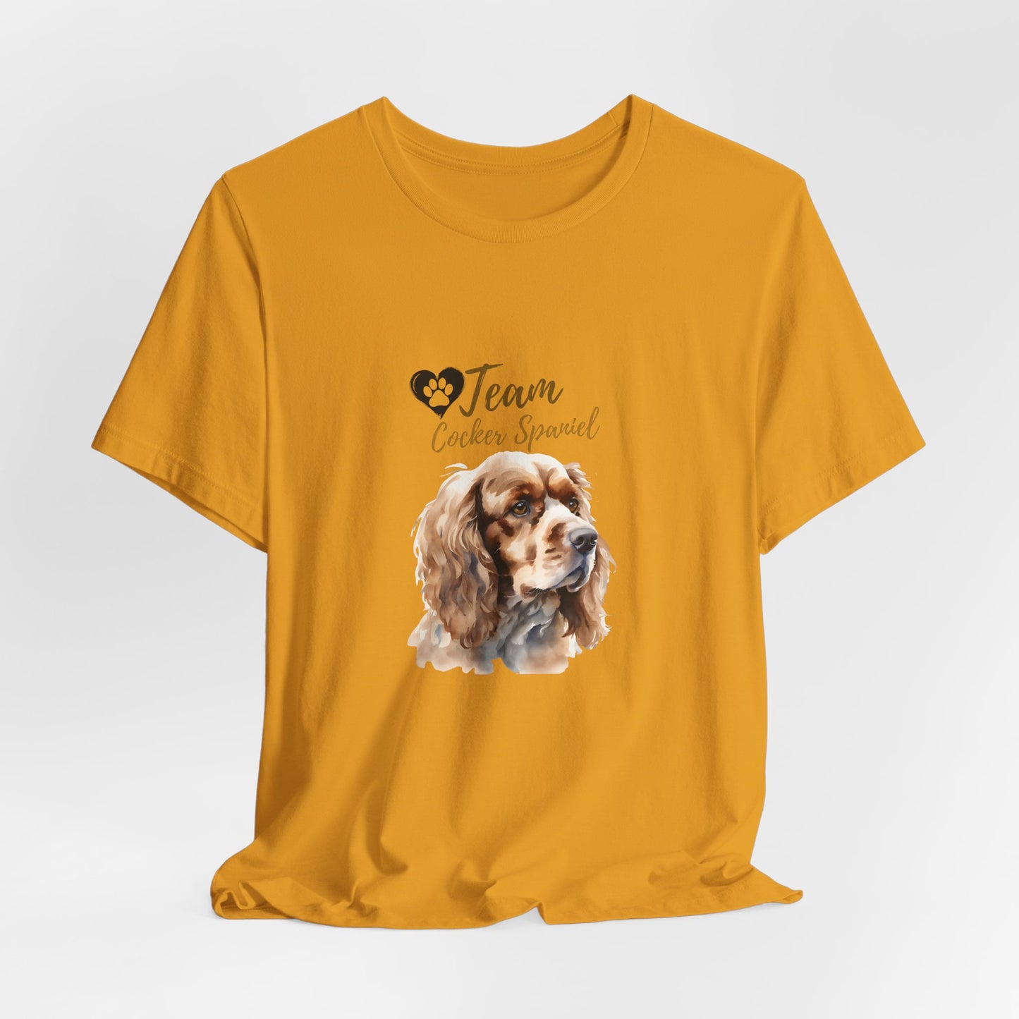 Team Cocker Spaniel watercolour t-shirt in Mustard, hanging front view