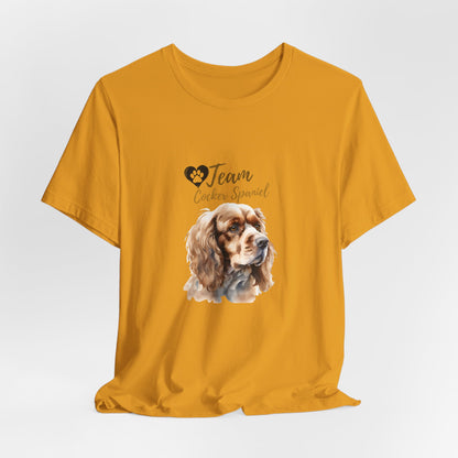 Team Cocker Spaniel watercolour t-shirt in Mustard, hanging front view