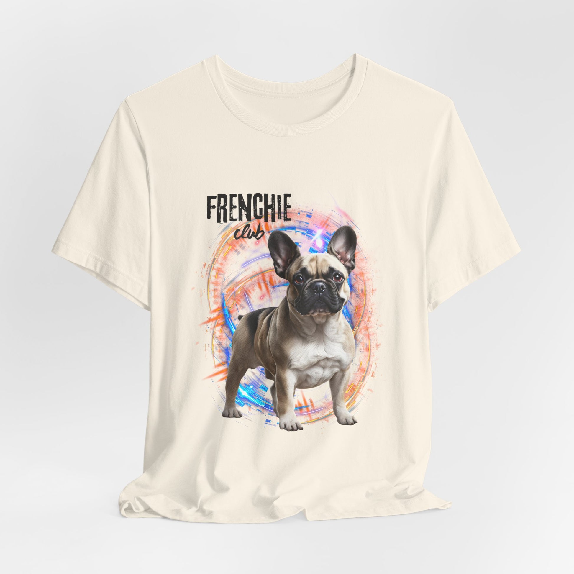 Join the Frenchie Club t-shirt — Red, flat lay, Bella+Canvas 3001 unisex tee
