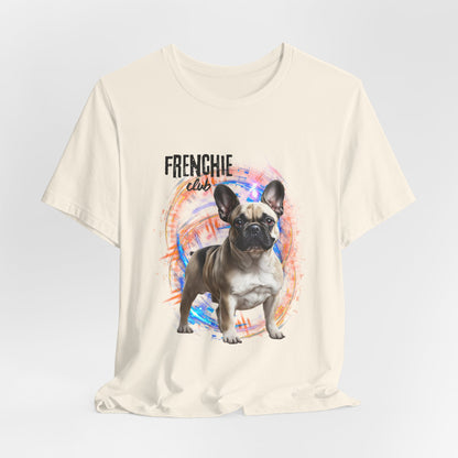 Join the Frenchie Club t-shirt — Red, flat lay, Bella+Canvas 3001 unisex tee