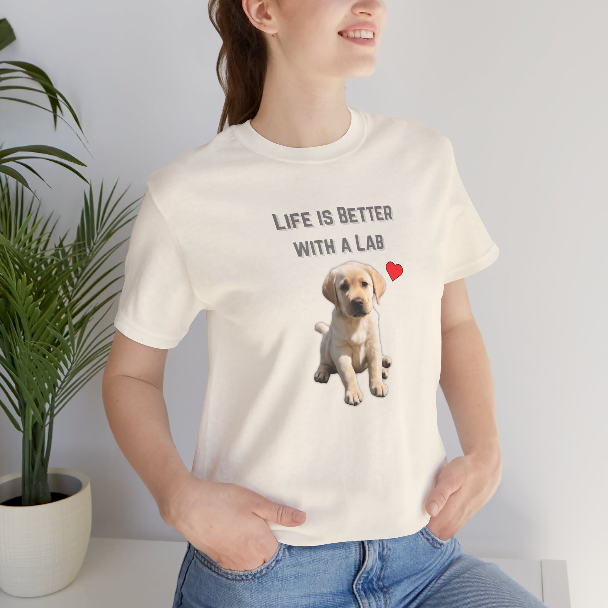 Life Is Better with a Lab puppy t-shirt in Natural worn by a model, front view