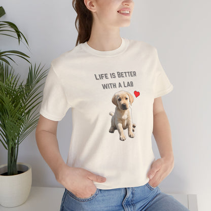 Life Is Better with a Lab puppy t-shirt in Natural worn by a model, front view