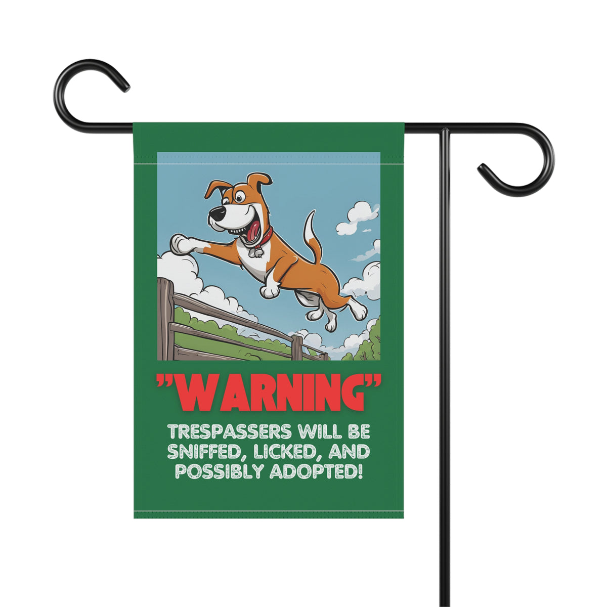 Trespassers Will Be Sniffed garden sign on fence, 12x18 inch