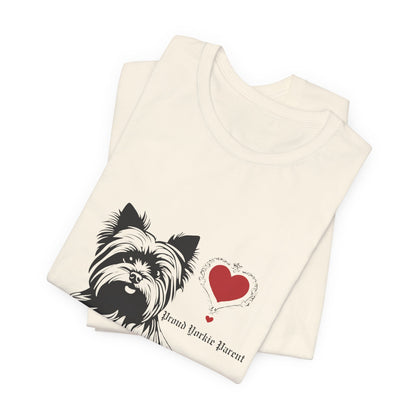 Folded Natural Proud Yorkie Parent t-shirt with Yorkie heart design