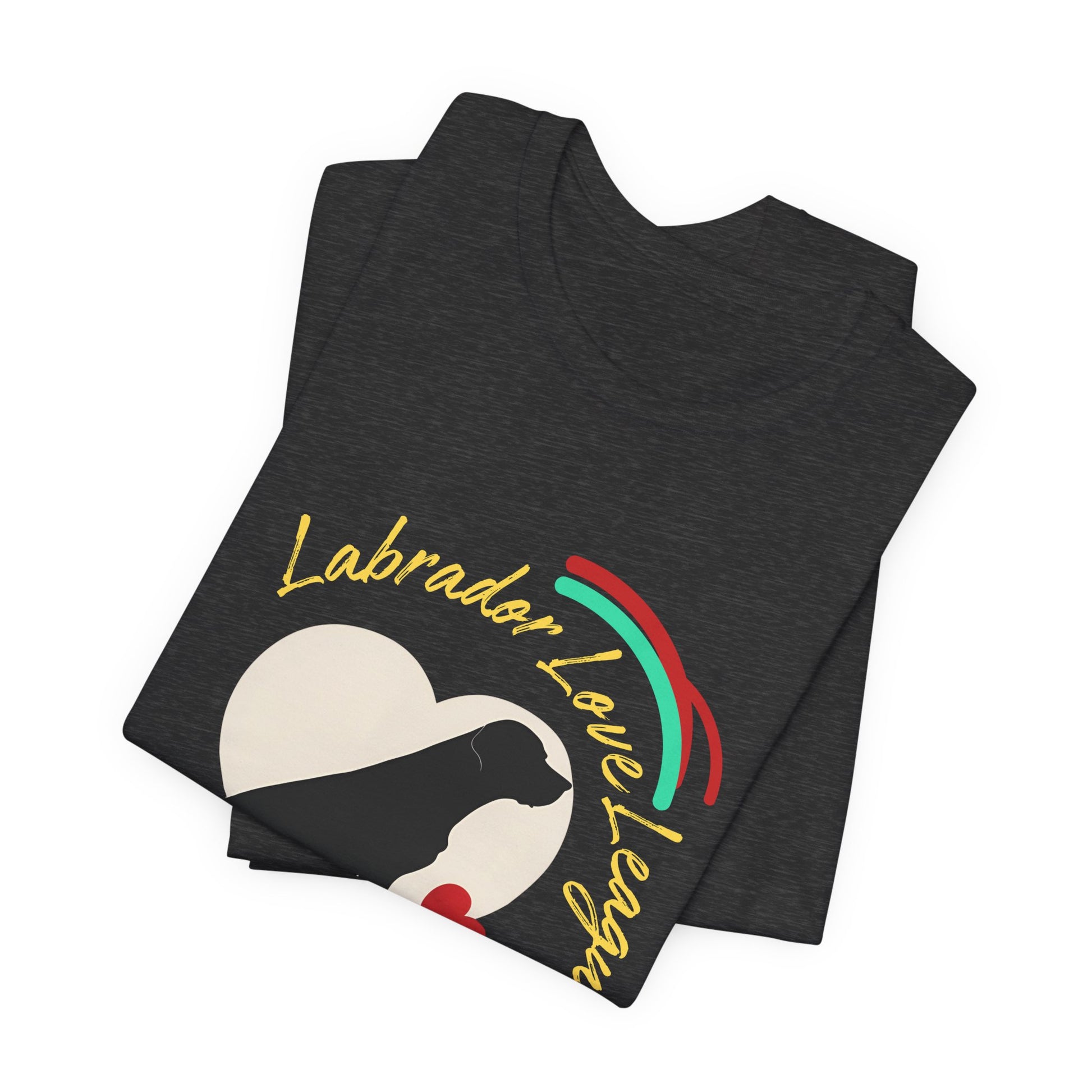 Folded Dark Grey Heather Labrador Love League t-shirt with cream heart Lab design