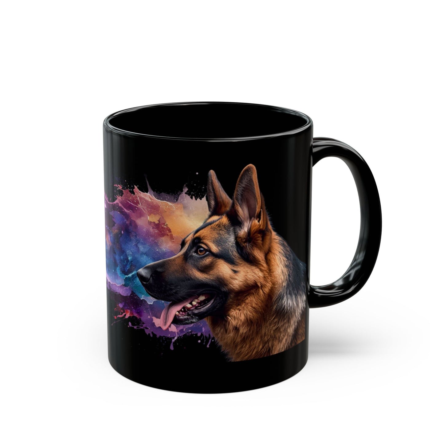 German Shepherd Galaxy Black Mug – Colorful Space Dog Coffee Cup (11oz/15oz)