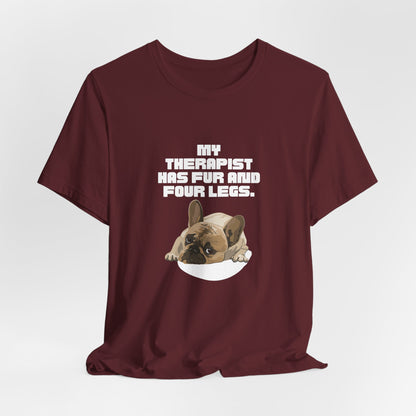 My Therapist Has Fur and Four Legs t-shirt design detail of the French Bulldog