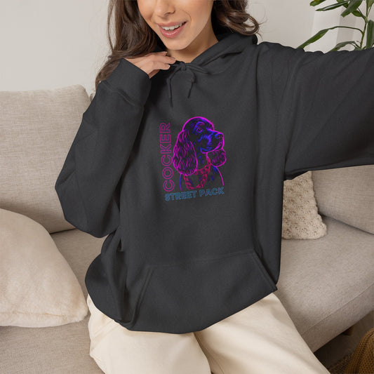 Neon Cocker Spaniel hoodie with COCKER wordmark and Street Pack tagline