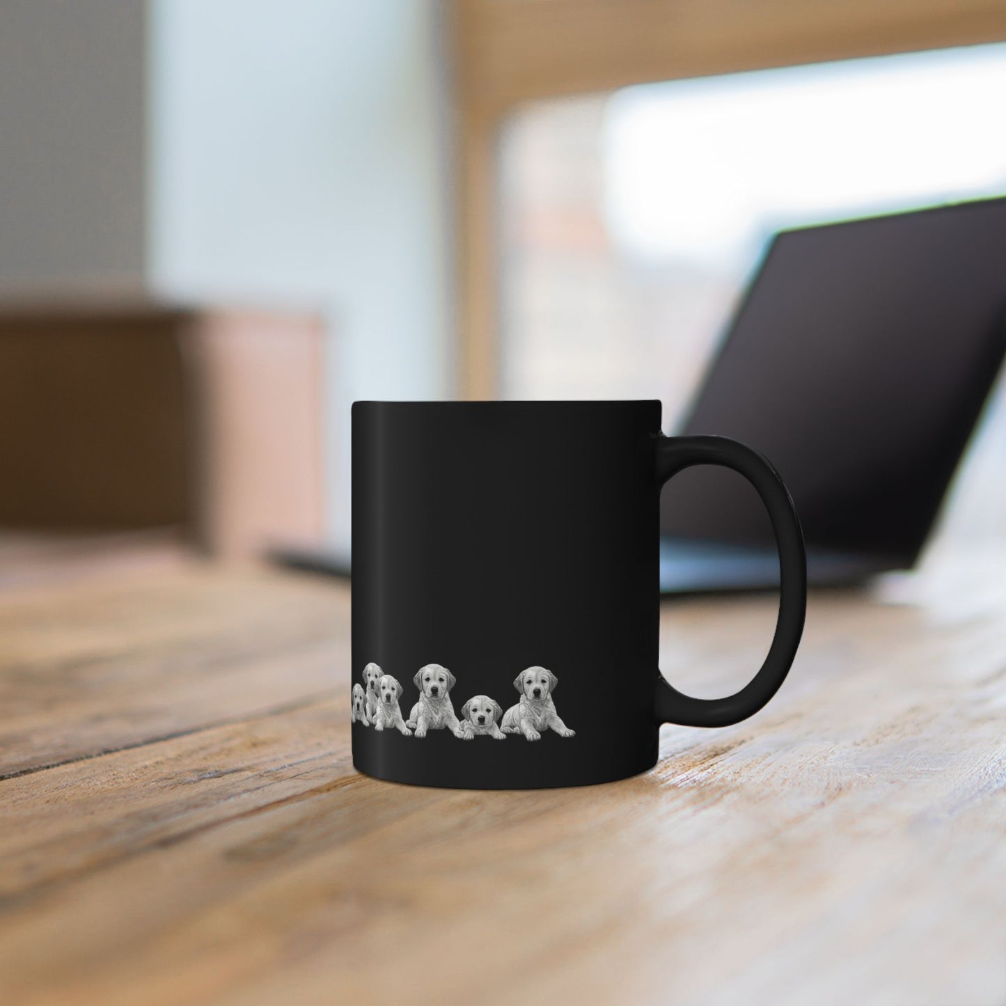 Black Puppy Row Mug — Cute golden retriever Puppies Ceramic Coffee Cup (11oz/15oz)