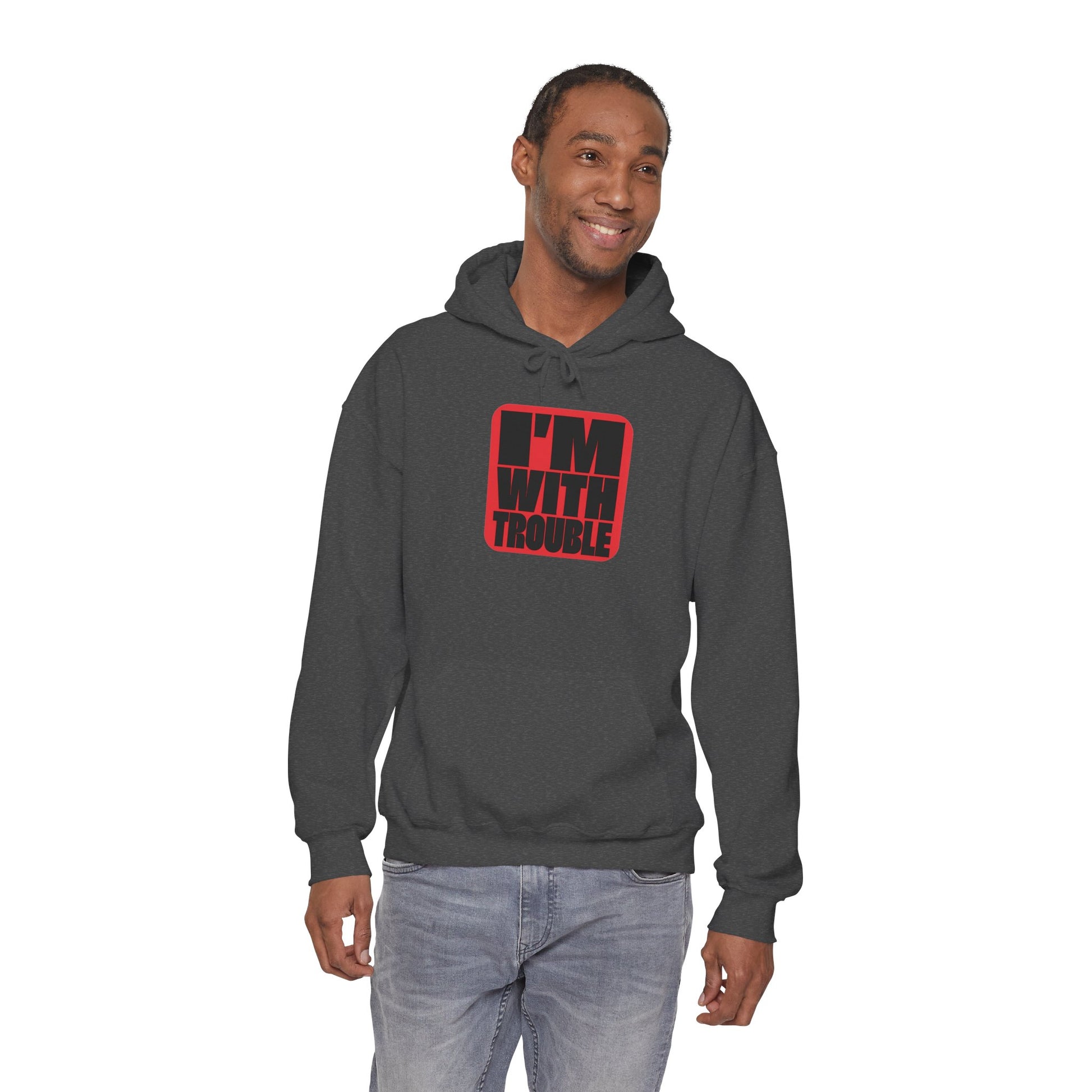 I'm With Trouble Hoodie — bold red graphic on cosy unisex pullover, product photo