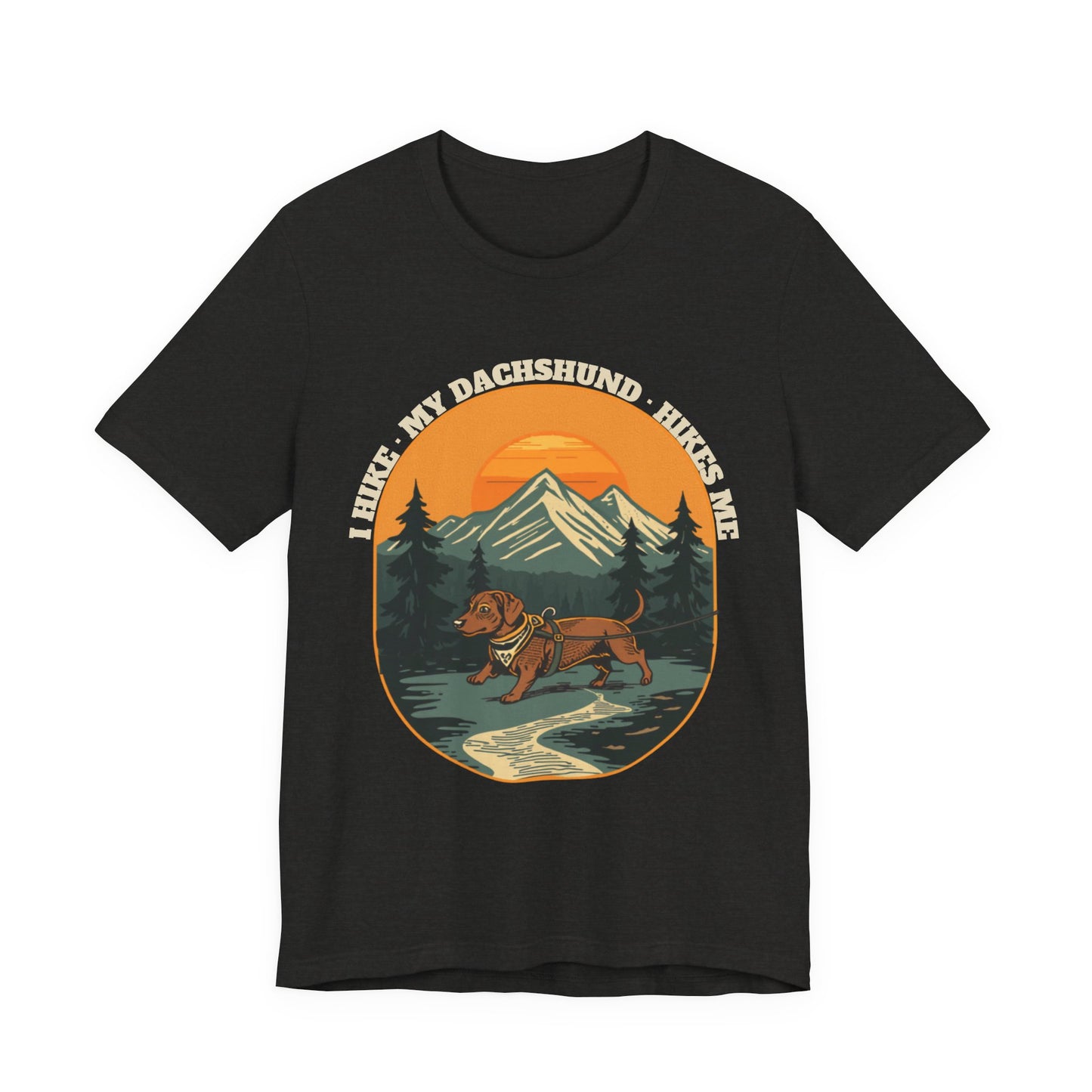Black dachshund hiking t-shirt styled with jeans