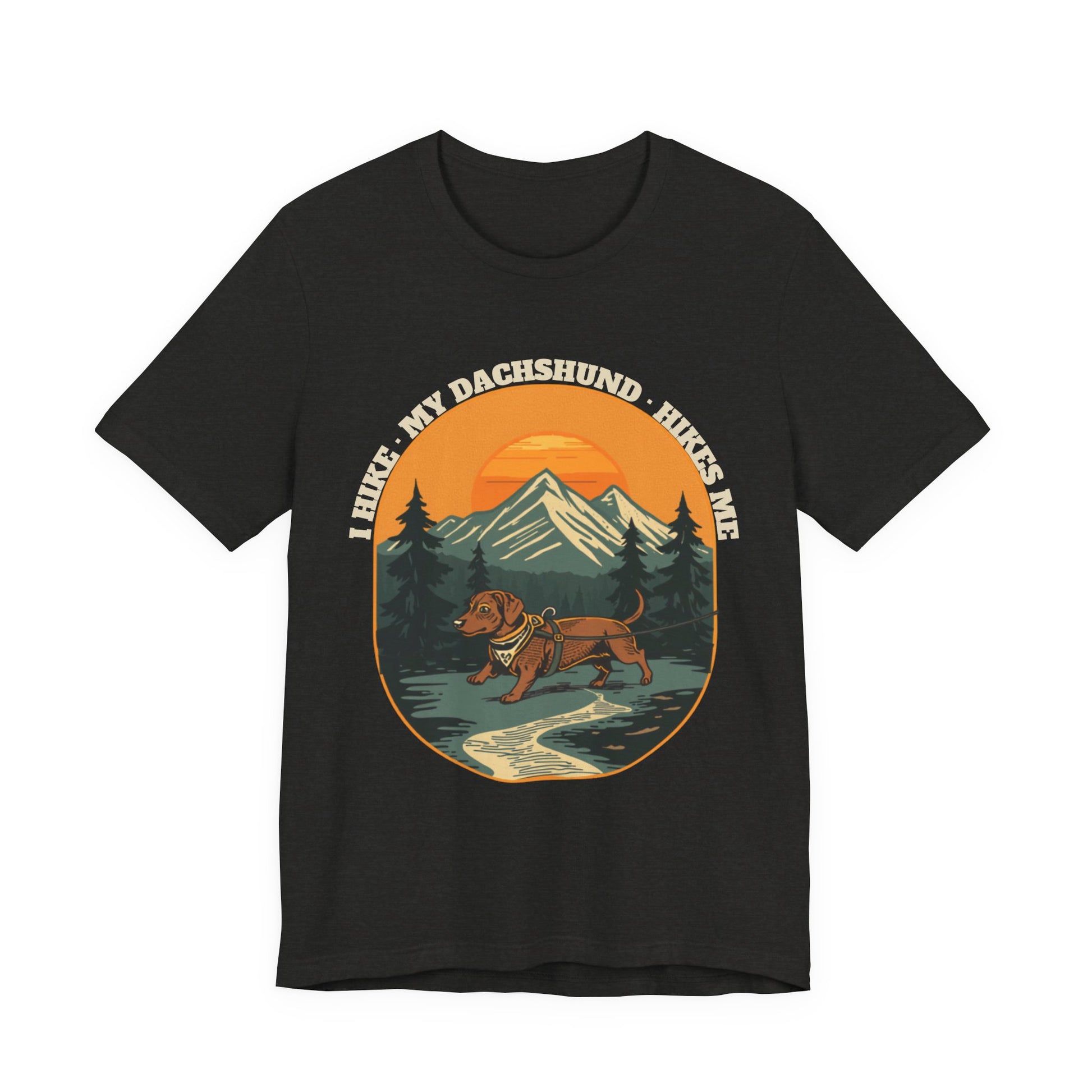 Black dachshund hiking t-shirt styled with jeans