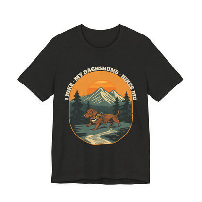 Black dachshund hiking t-shirt styled with jeans