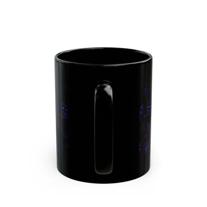 Neon cat mug with coffee on a desk