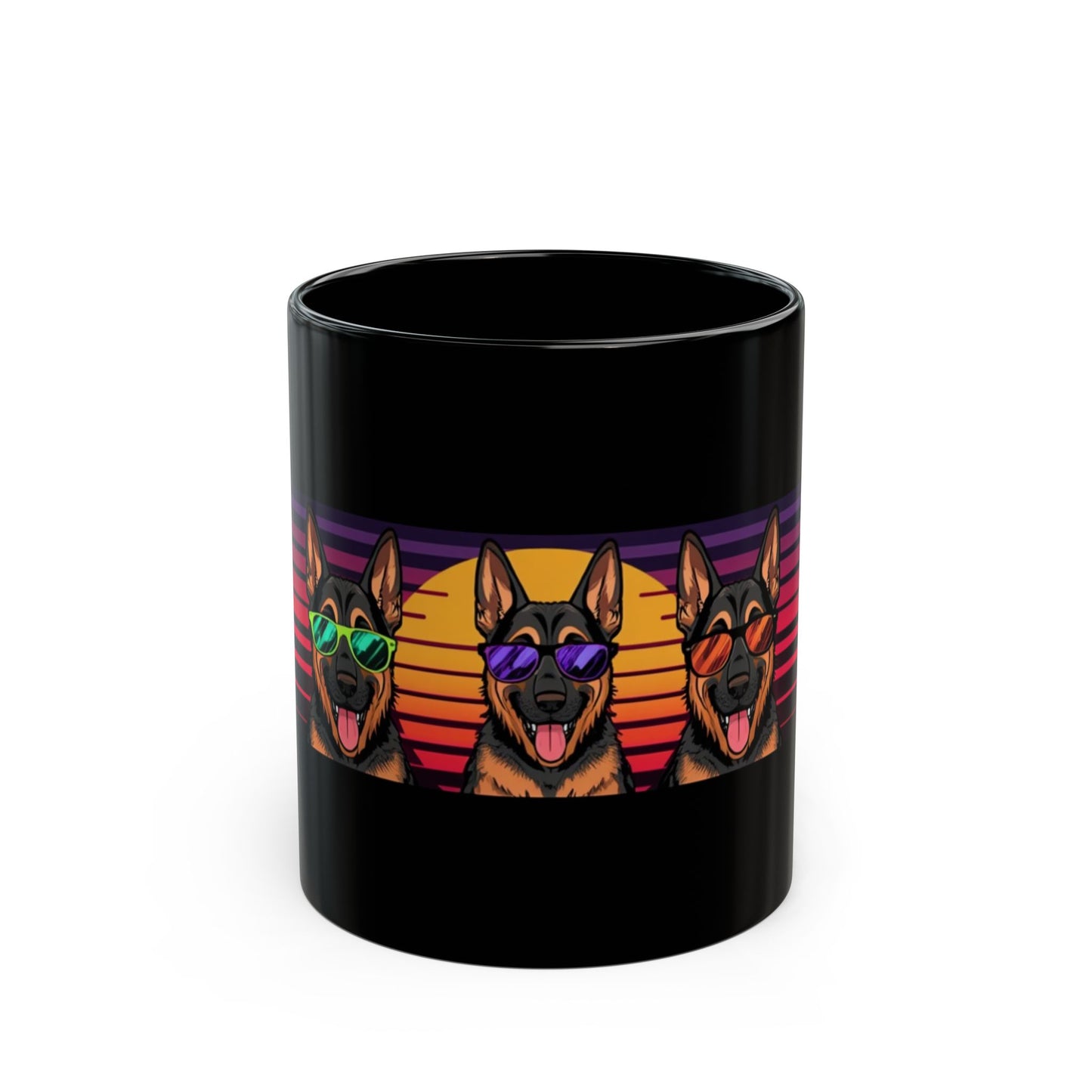 Retro German Shepherd Black Coffee Mug — Sunglasses Dog Trio