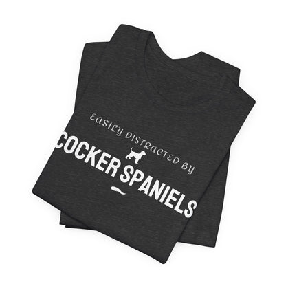 Maroon funny dog t-shirt with Easily Distracted by Cocker Spaniels design, gift for spaniel owners