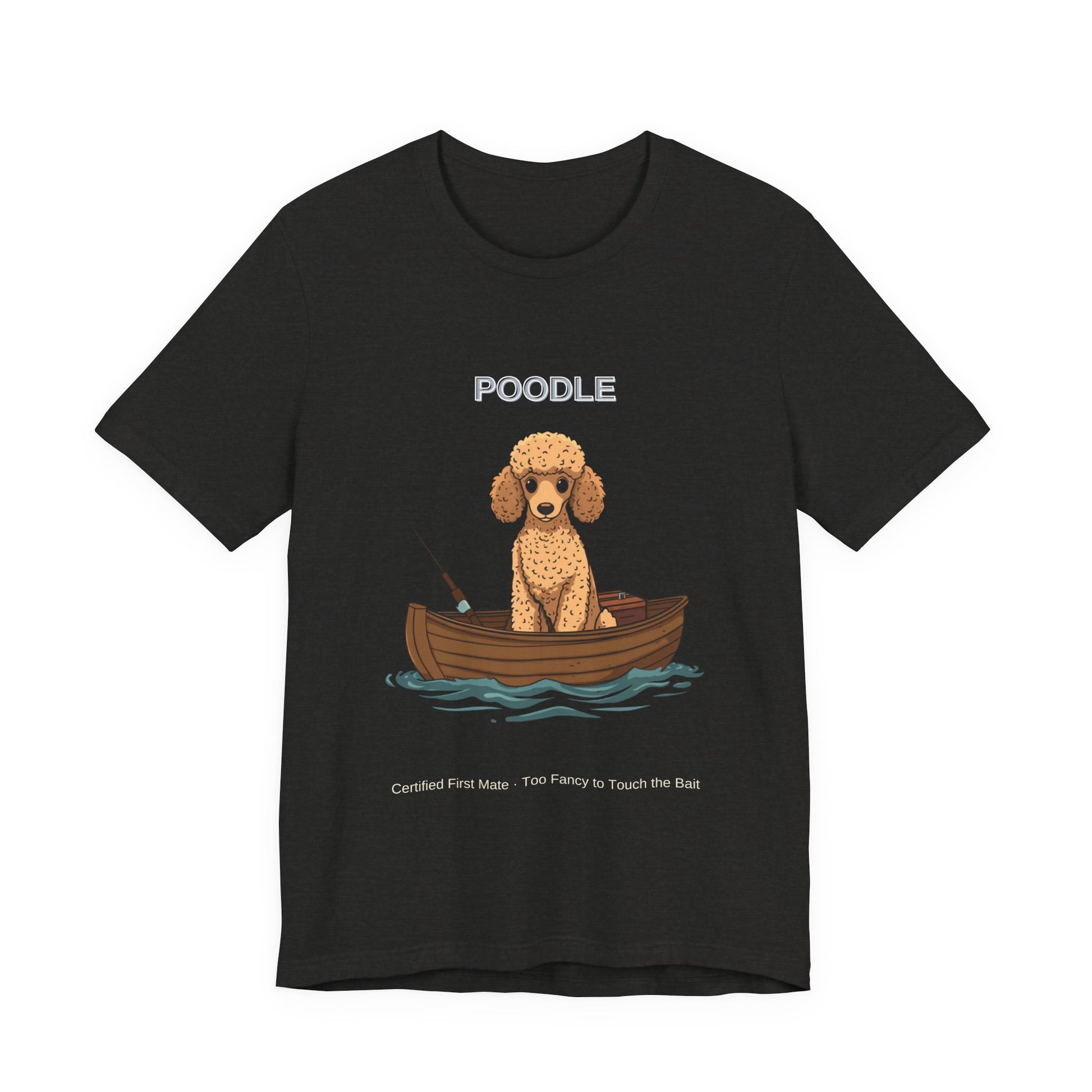 Poodle Fishing Buddy t-shirt worn by model, three-quarter view