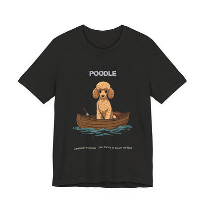 Poodle Fishing Buddy t-shirt worn by model, three-quarter view