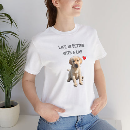 Life Is Better with a Lab puppy t-shirt in White worn by a model, front view