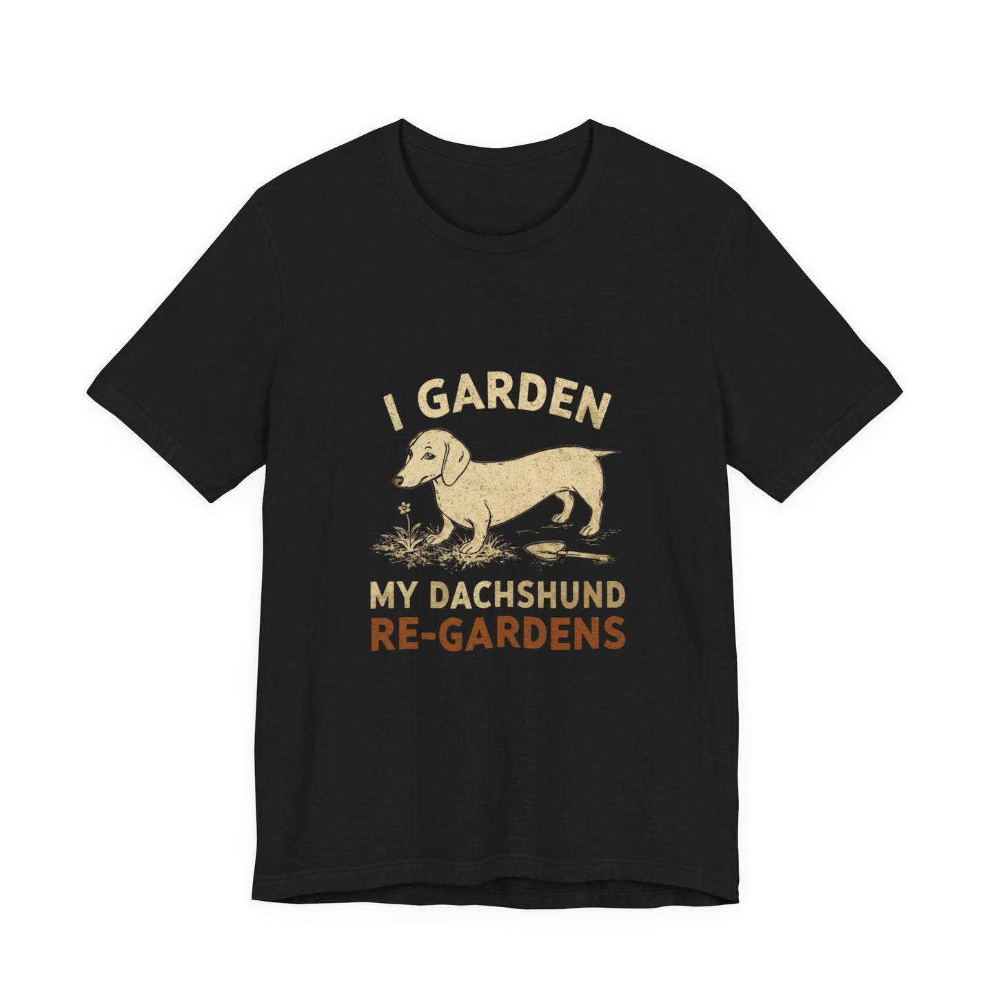 Dachshund gardening tee shown on model