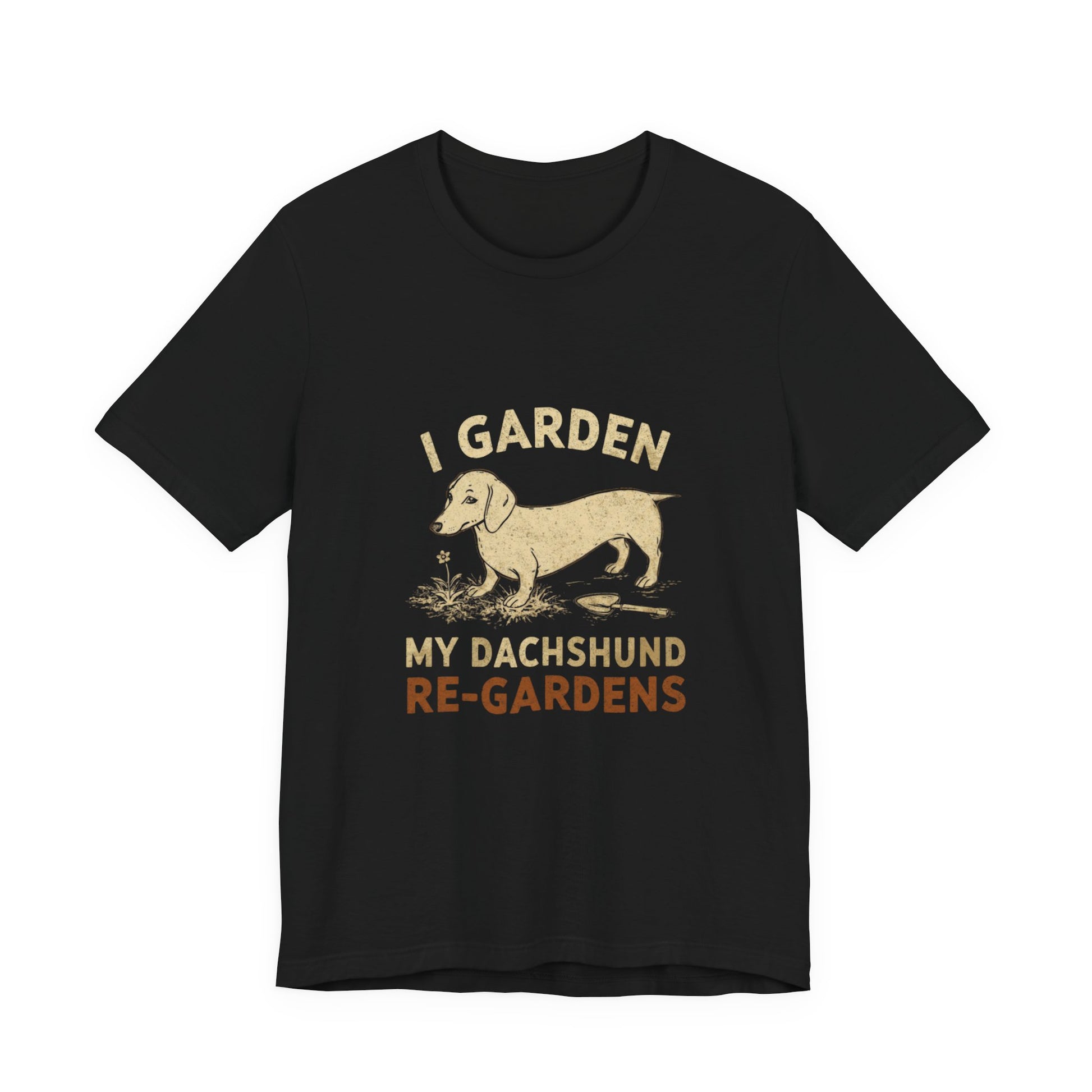 Dachshund gardening tee shown on model