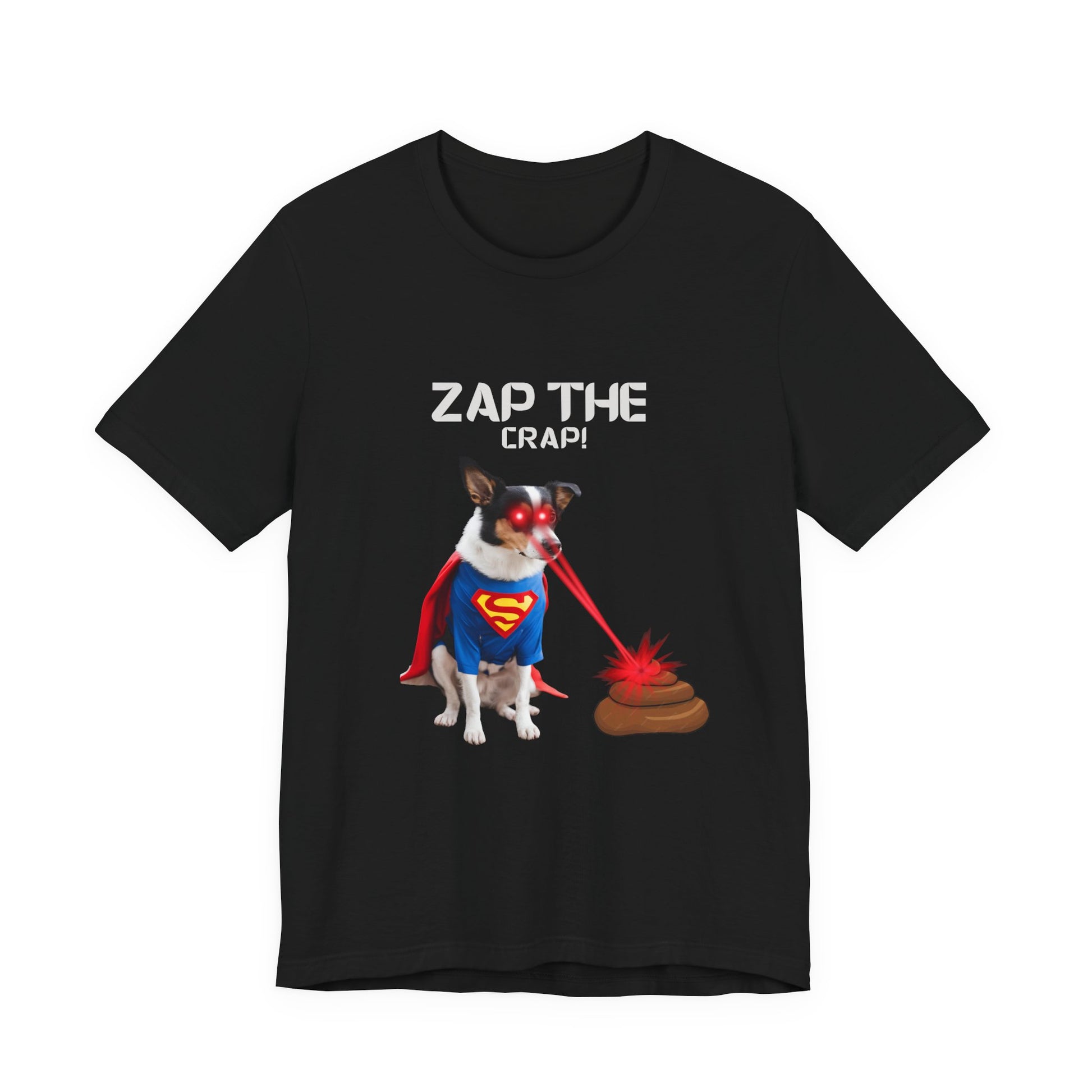 Laser Poo Edition dog t-shirt in Navy — humorous dog zapping poo with lasers, unisex fit XS–5XL