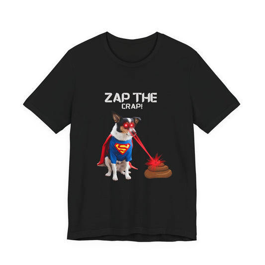 Laser Poo Edition dog t-shirt in Navy — humorous dog zapping poo with lasers, unisex fit XS–5XL