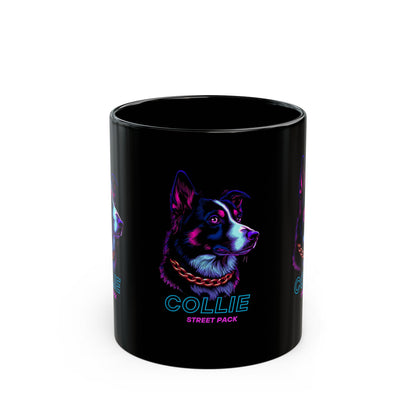 Border Collie neon street pack black ceramic mug — dog lover gift