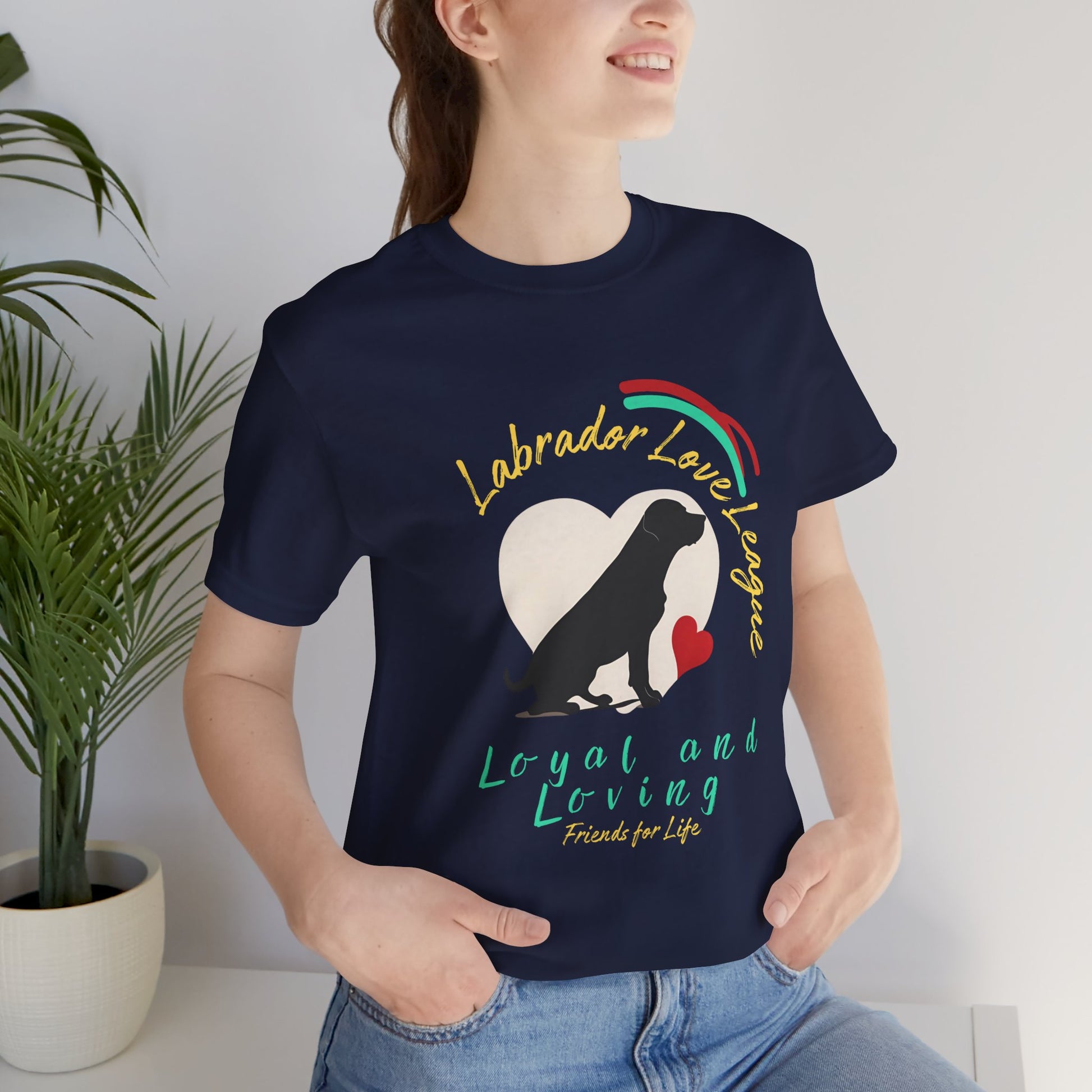 Woman wearing Navy Labrador Love League t-shirt with Lab heart graphic