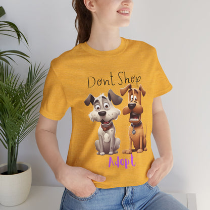 Don't Shop Adopt rescue dog t-shirt — eco-friendly organic tee promoting dog adoption, Sniff Waggle And Walk