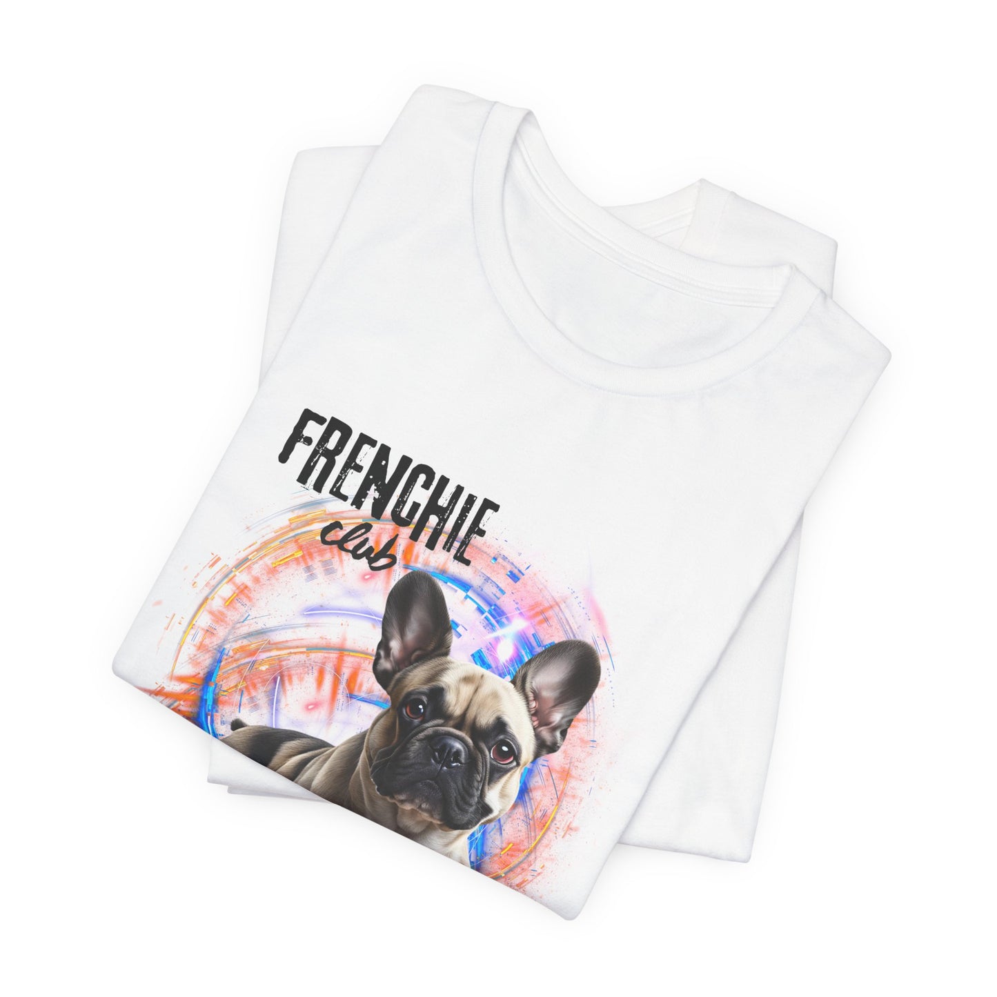 Join the Frenchie Club t-shirt — Red, lifestyle shot, funny Frenchie tee printed to order