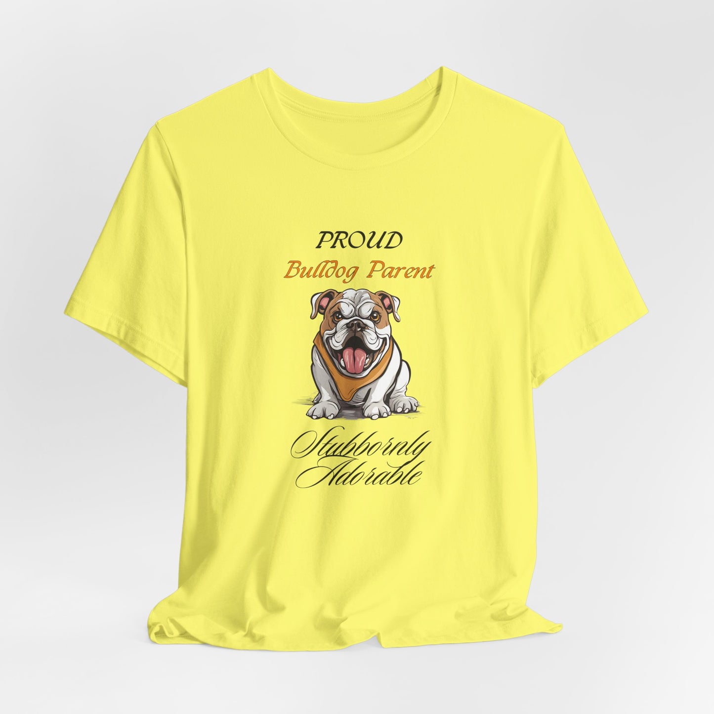 Proud Bulldog Parent t-shirt on hanger, full garment view