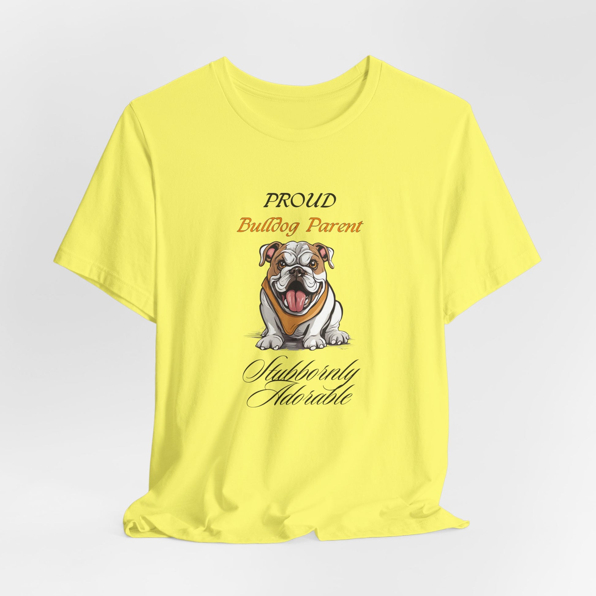 Proud Bulldog Parent t-shirt on hanger, full garment view