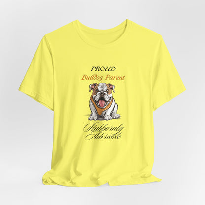 Proud Bulldog Parent t-shirt on hanger, full garment view