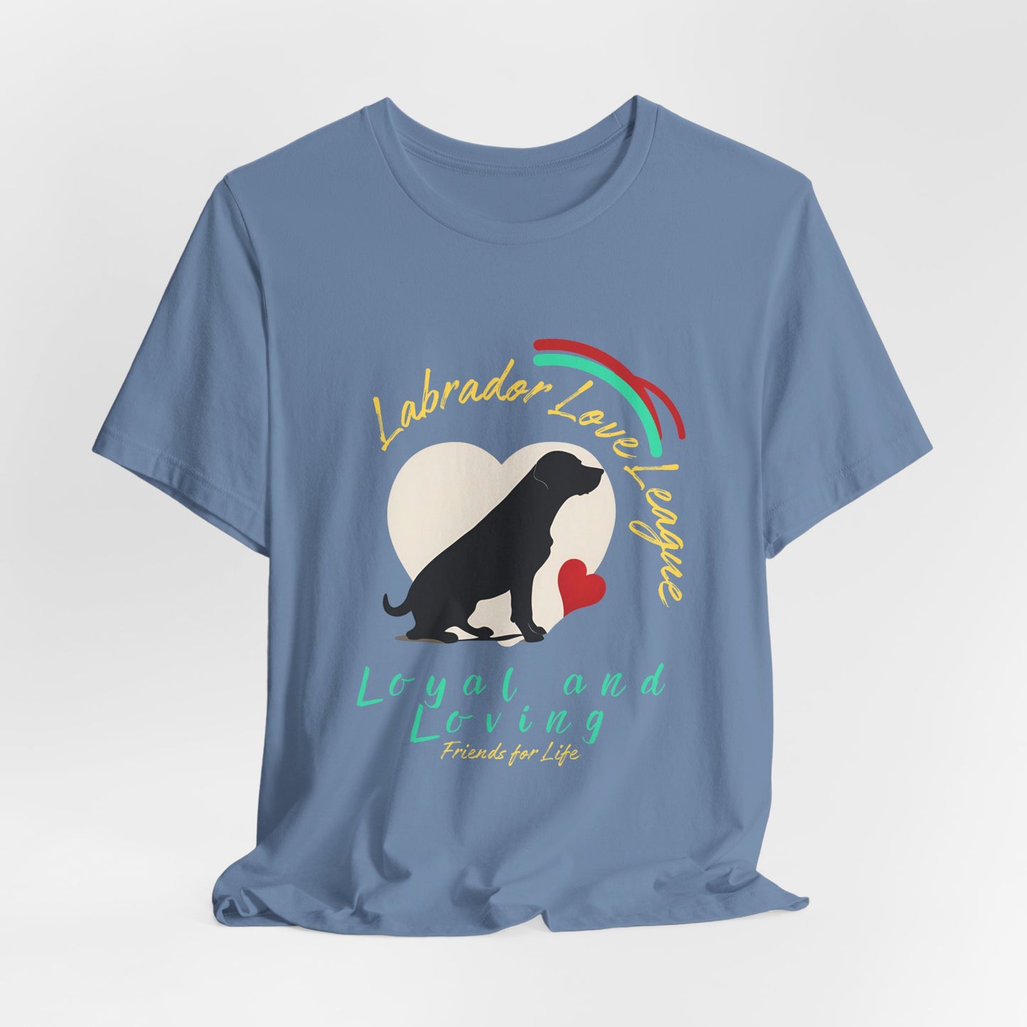 Steel Blue Labrador Love League graphic tee laid flat showing Lab and rainbow print