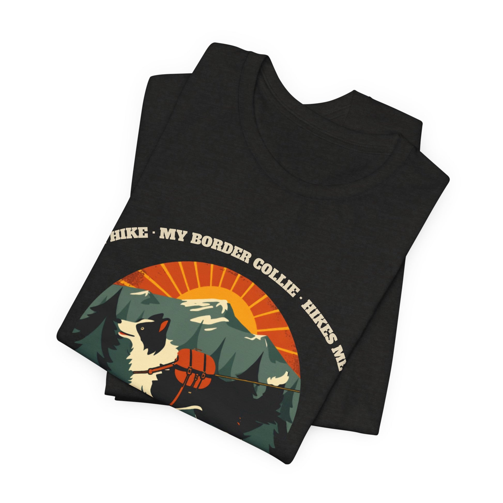 Black heather funny border collie hiking t-shirt detail