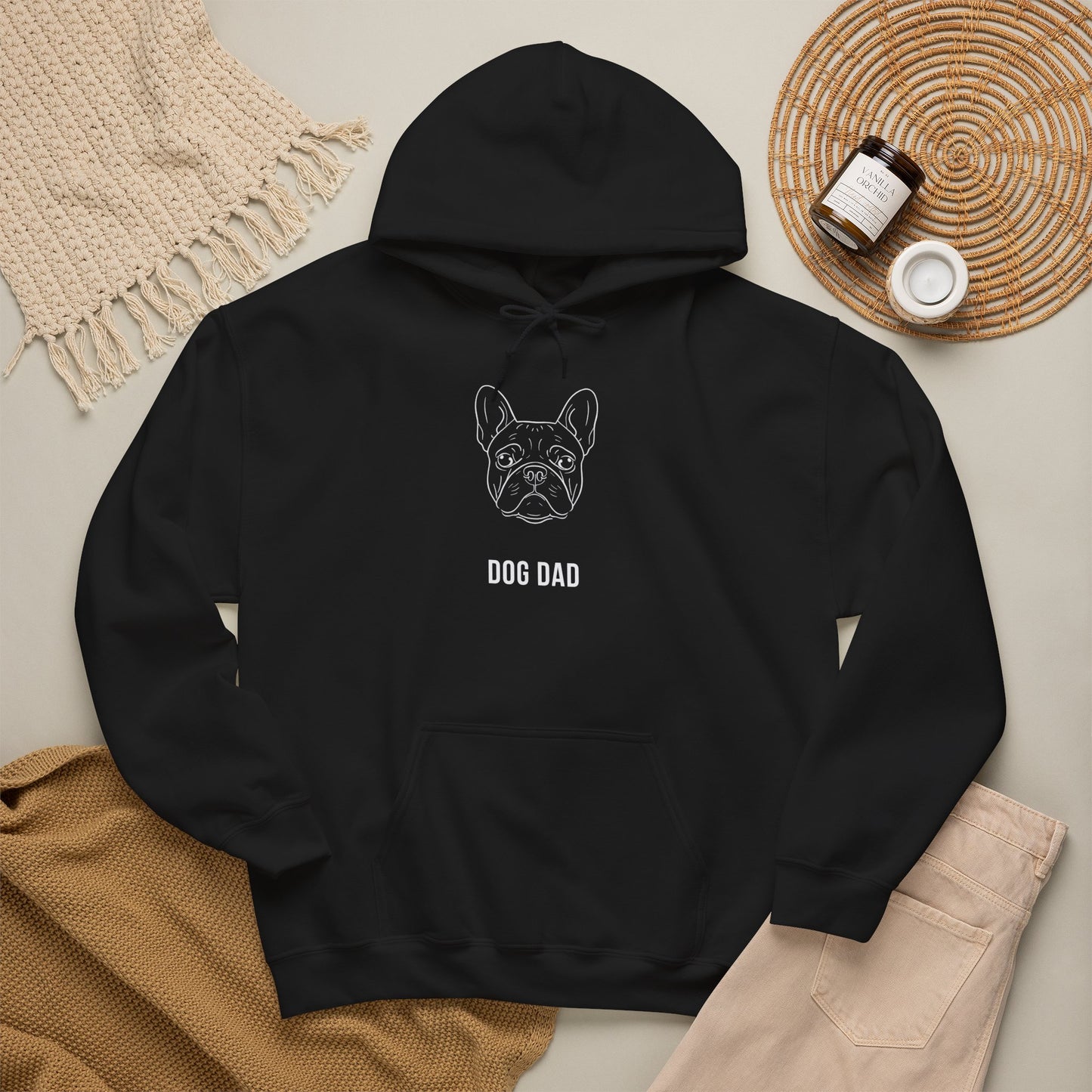 French Bulldog Dog Dad hoodie in black with white line-art Frenchie and DOG DAD text