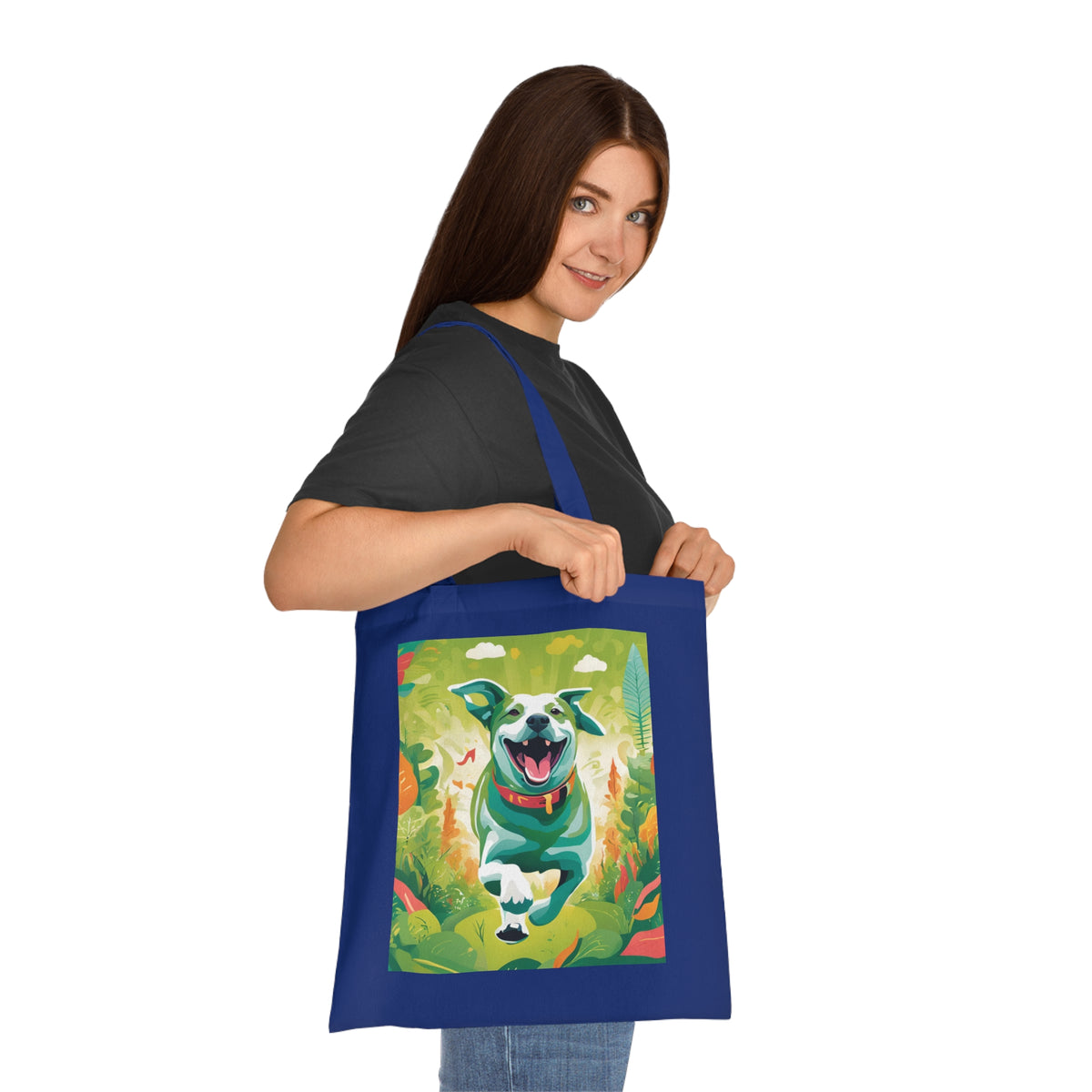 Dog art tote bag in navy blue — close-up of reinforced handle stitching detail