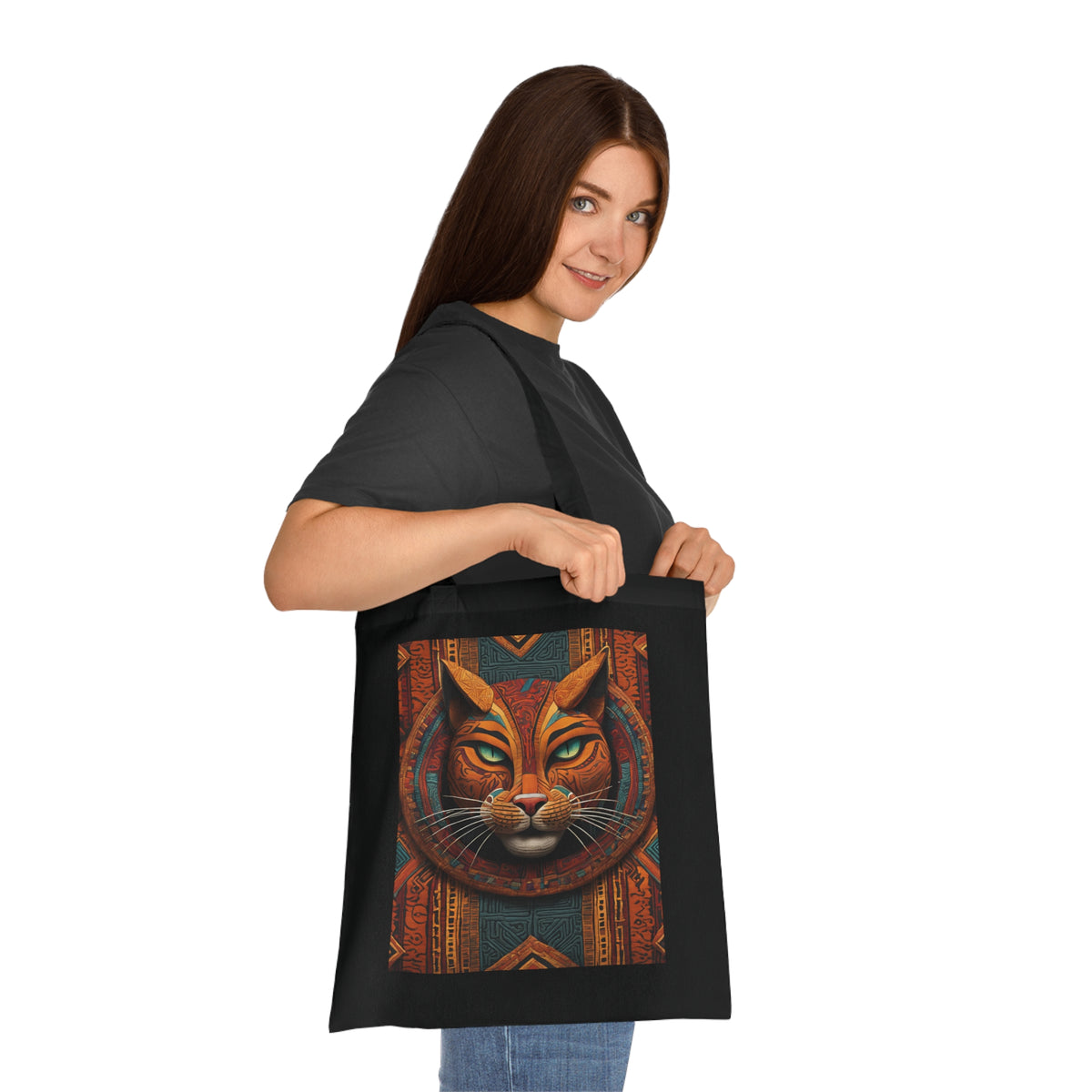 SniffWaggleNWalk Egyptian cat tote bag in navy blue — bold Egyptian-style cat design printed both sides on 100% cotton