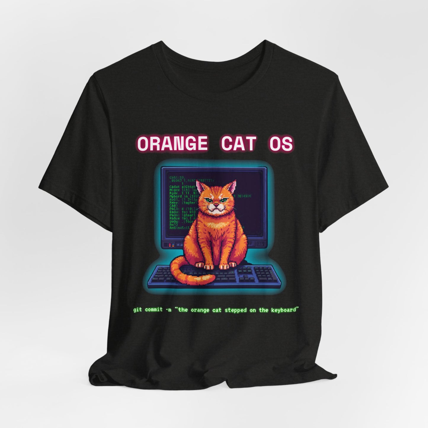 Orange Cat OS T-Shirt — Retro Computer Cat Tee ("Orange Cat OS" with keyboard caption)
