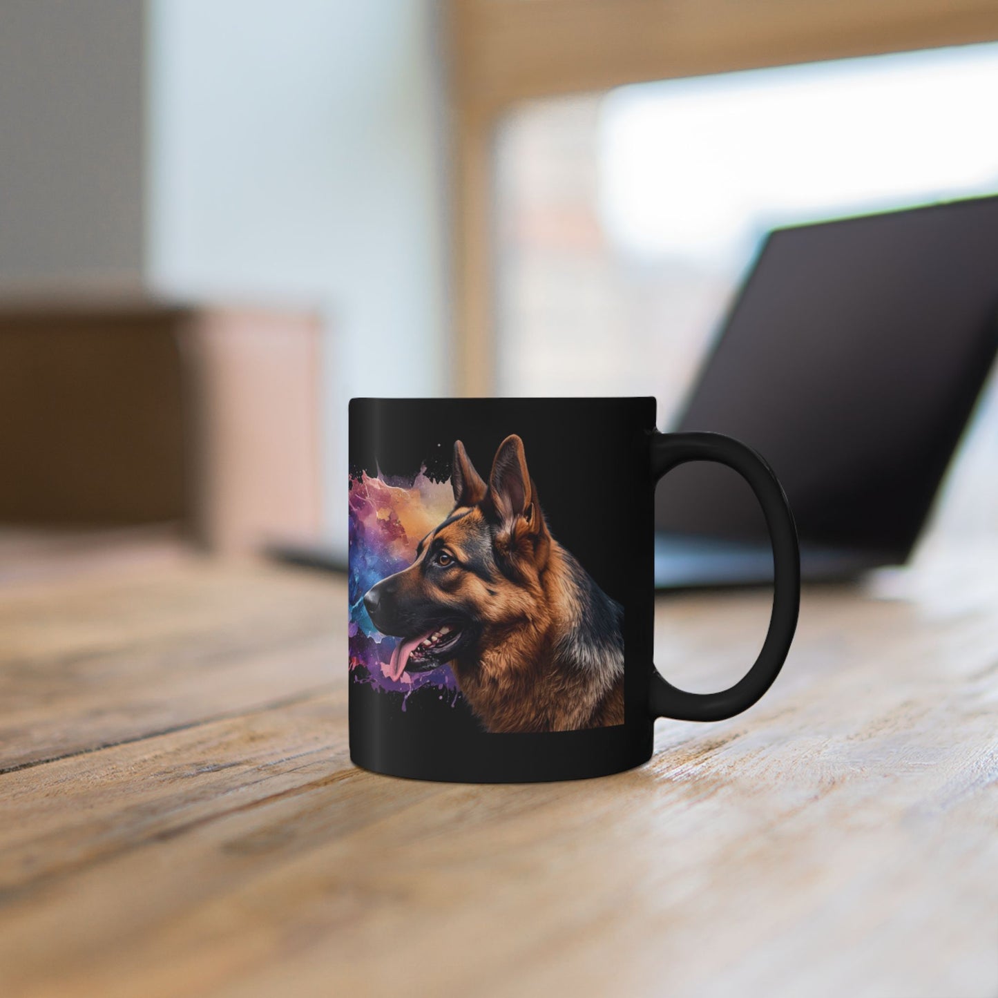 German Shepherd Galaxy Black Mug – Colorful Space Dog Coffee Cup (11oz/15oz)