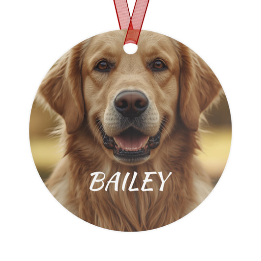 Personalized Dog Photo Metal Ornament – Custom Pet Name (e.g., Bailey)